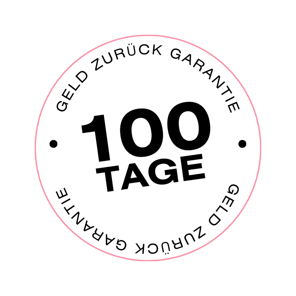 Circular '100 Tage Geld Zurück Garantie' label in German.